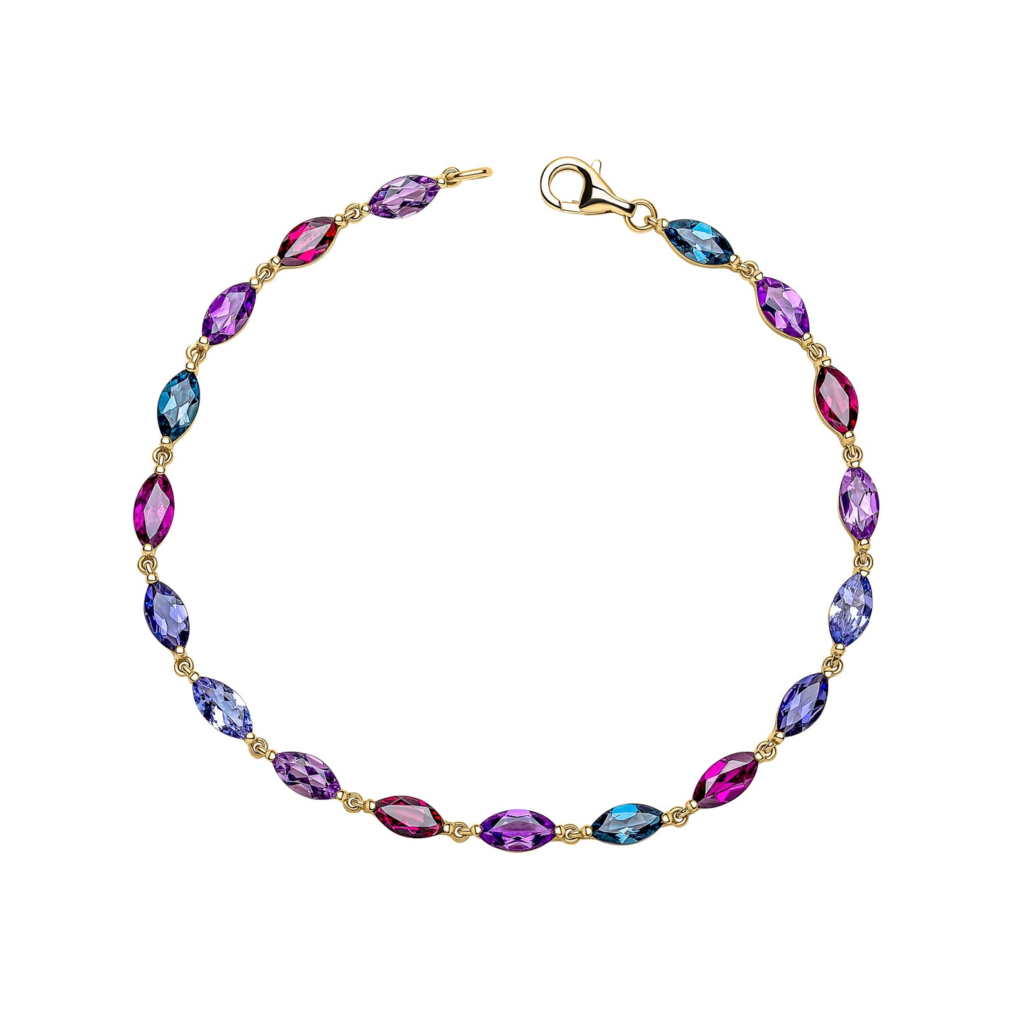 Tanzanite, Amethyst, Rhodolite, Garnet, Topaz Navette Tennis Bracelet in 9ct Gold