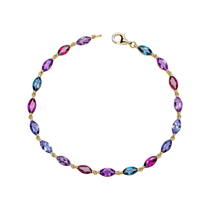 Tanzanite, Amethyst, Rhodolite, Garnet, Topaz Navette Tennis Bracelet in 9ct Gold