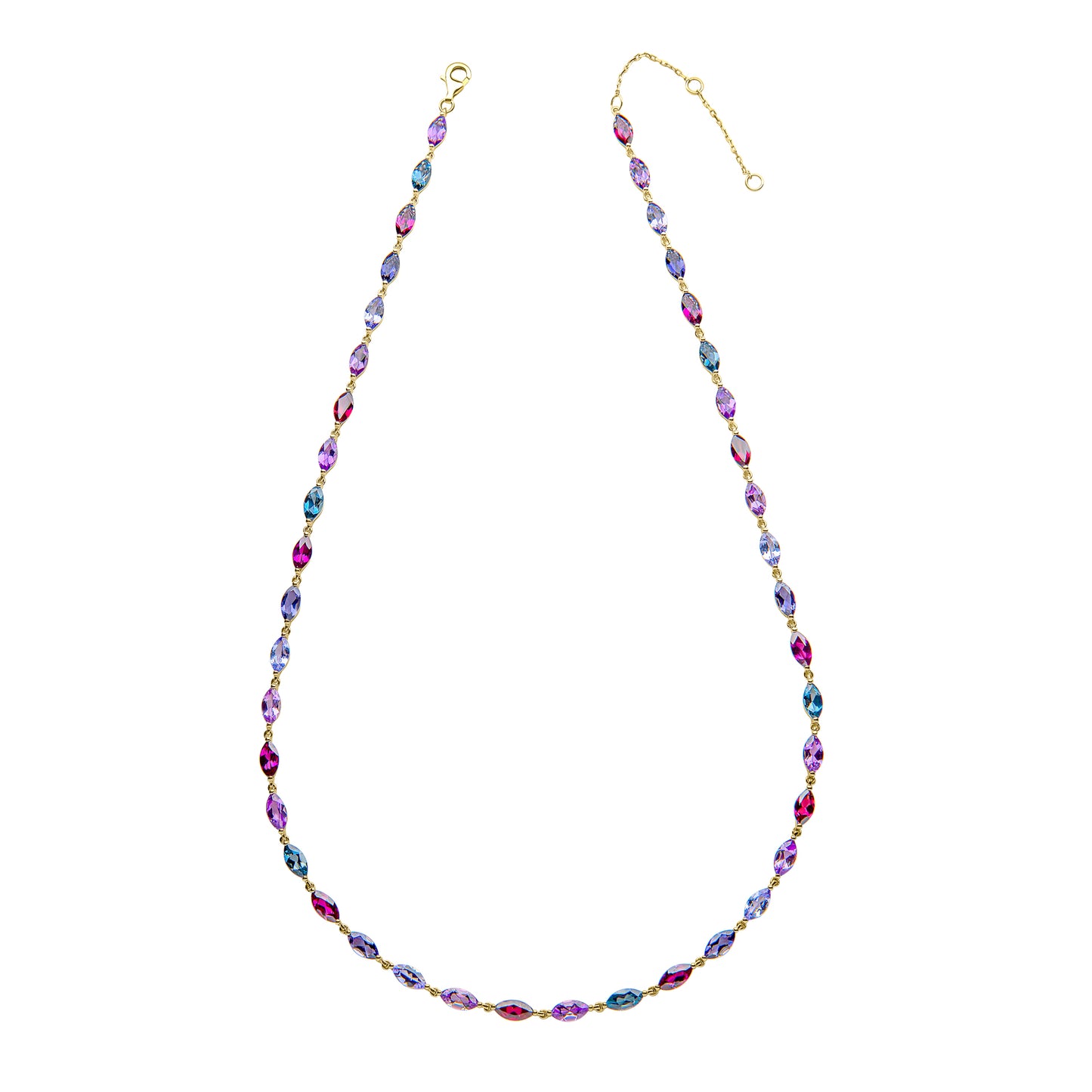 Tanzanite, Amethyst, Garnet, Topaz Navette Necklace in 9ct Gold