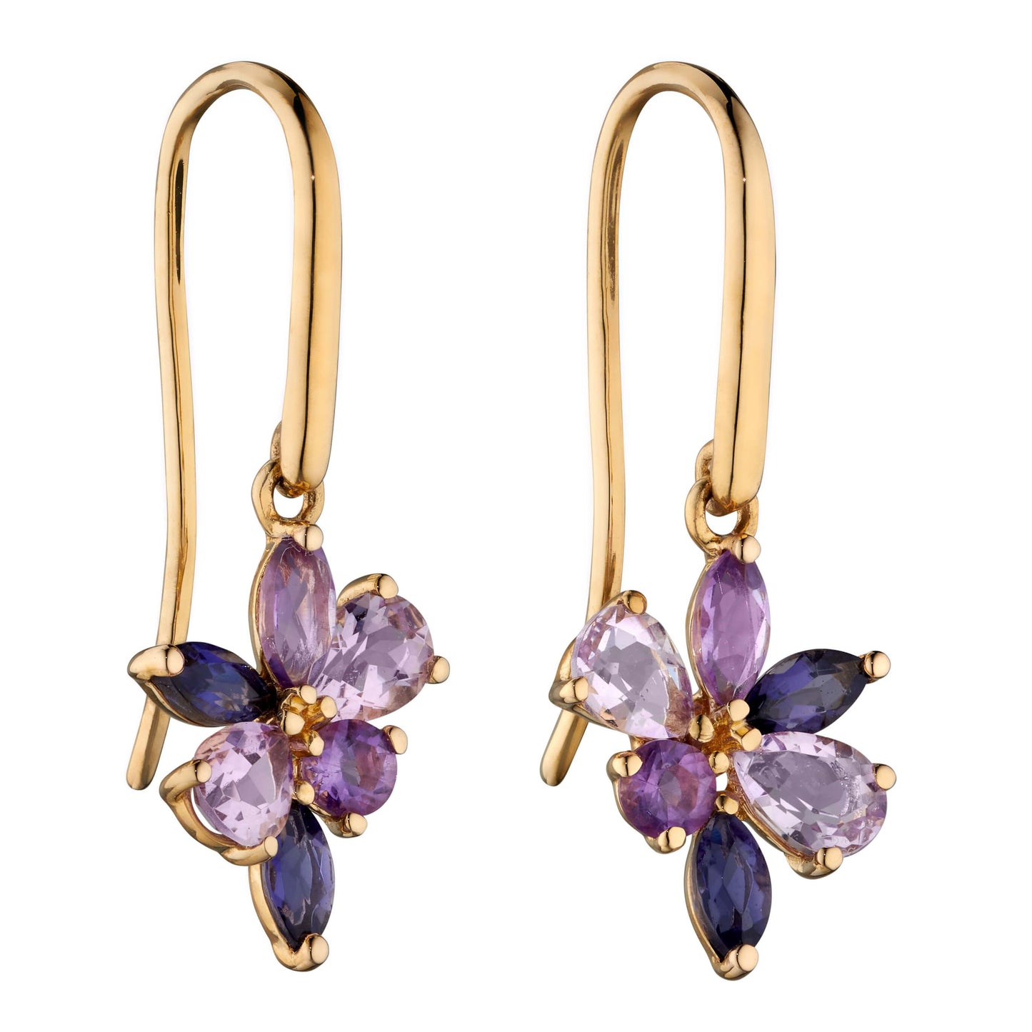 Amethyst and Iolite Cluster Earrings in 9ct Yellow Gold