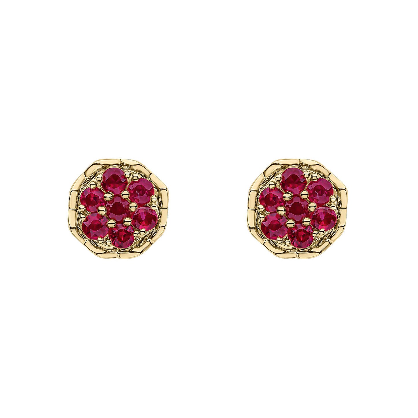 Seven Stone Ruby Cluster Earrings in 9ct Yellow Gold