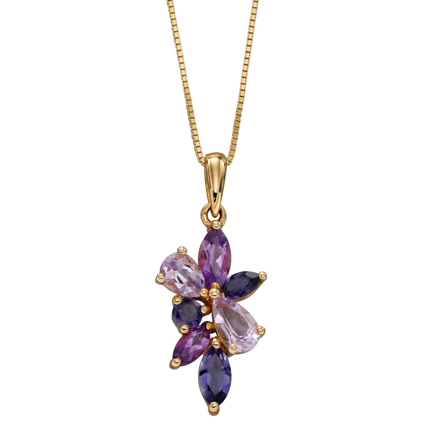 Amethyst and Iolite Cluster Pendant in 9ct Yellow Gold (Without Chain)