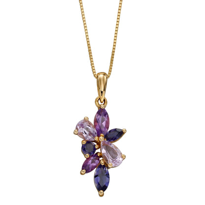 Amethyst and Iolite Cluster Pendant in 9ct Yellow Gold (Without Chain)