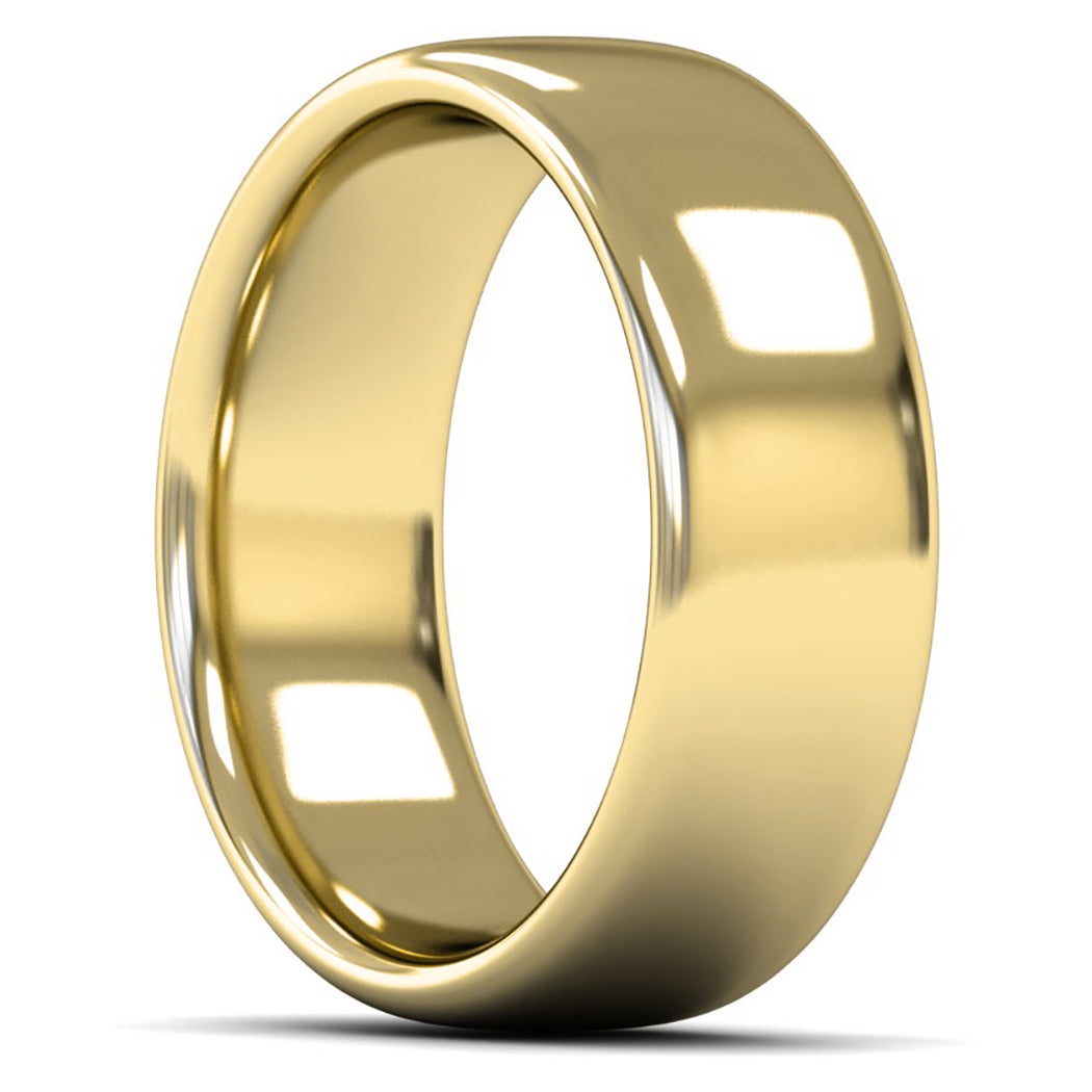 9ct Yellow Fairtrade Gold 8mm Heavy Weight Slight Court Wedding Ring